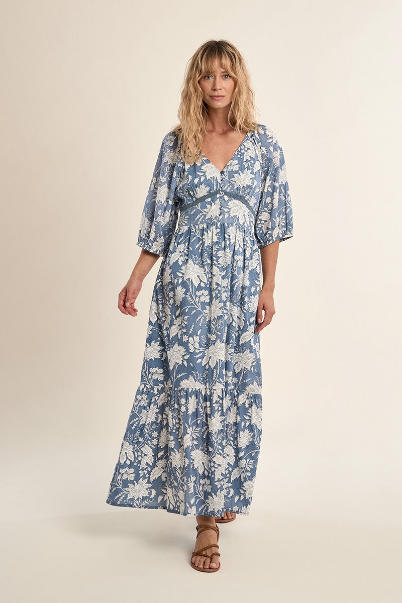 long printed dress Lady Black Tie - Molly Maxi - Blue Floral Tiered Dress With Bow this chiffon dress is truly delightful Long printed dress, in cotton