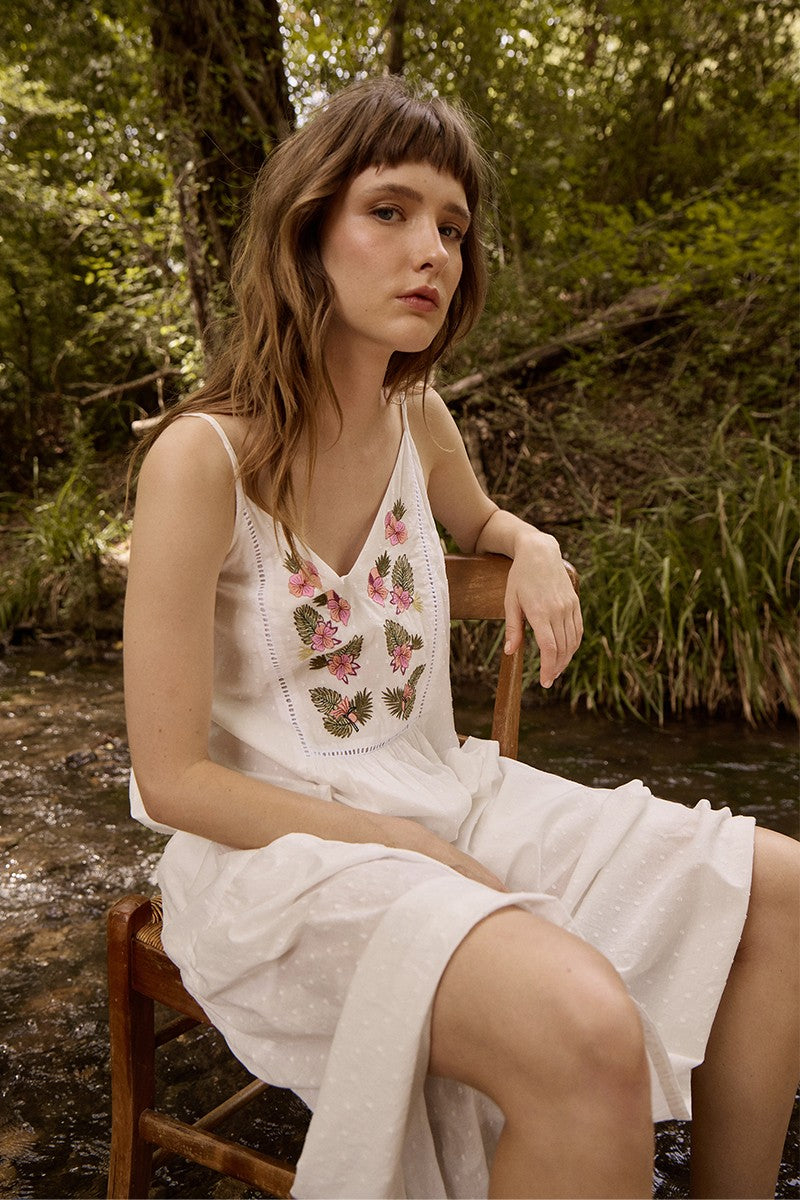 cotton embroidered dress for women Floral Embroidered Antique Ivory Cotton Maxi A-Line Dress