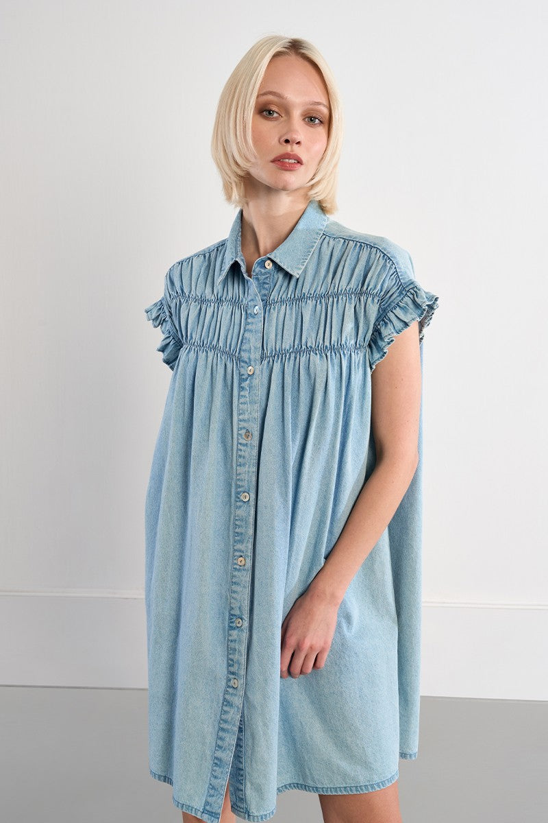 Cotton smocked dress with a denim effect Cotton smocked dress with a denim effect