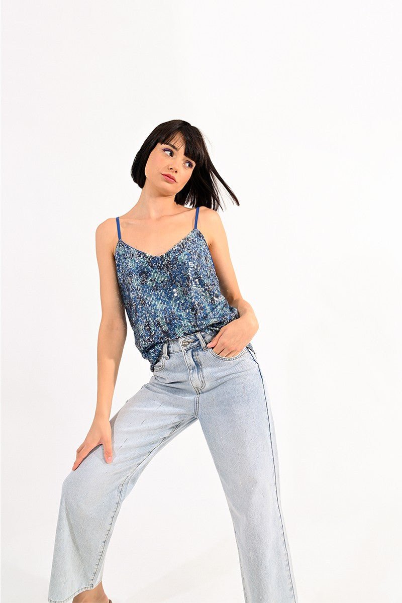 V-NECK CAMISOLE IN SEQUIN - BLUE - Molly Bracken E-Shop