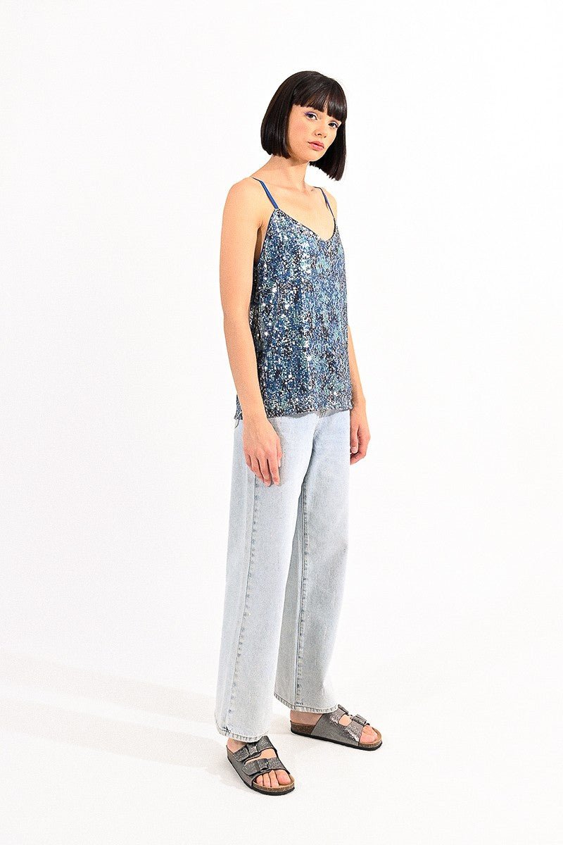 V-NECK CAMISOLE IN SEQUIN - BLUE - Molly Bracken E-Shop