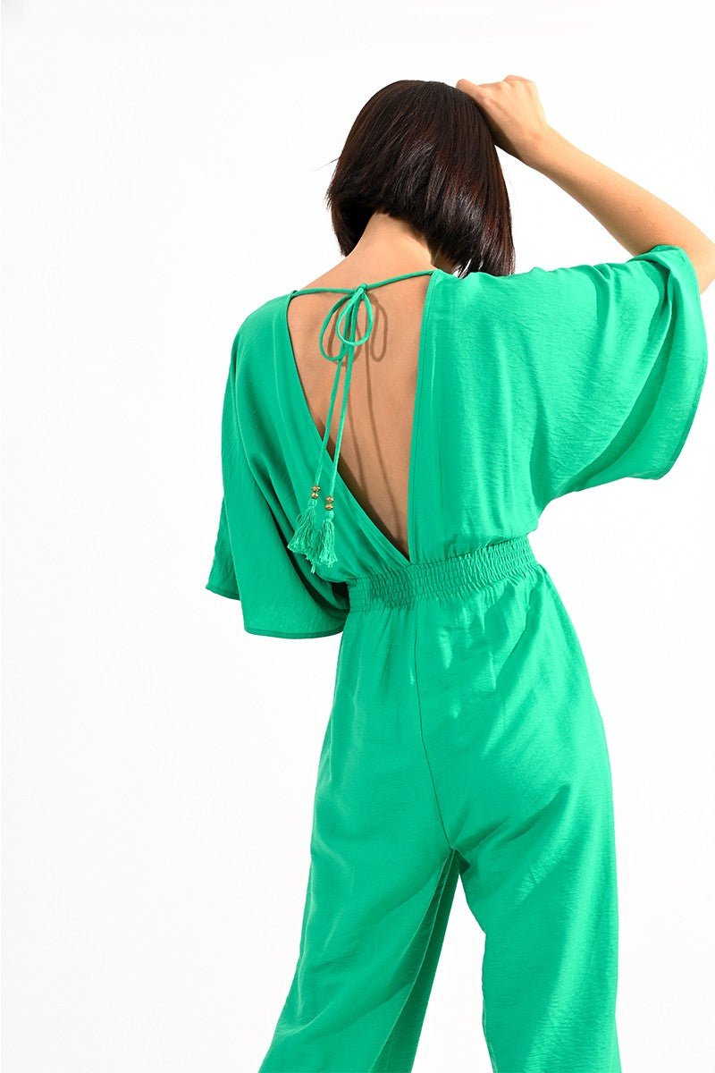 V-NECK JUMPSUIT FRONT AND BACK - GREEN - Molly Bracken E-Shop