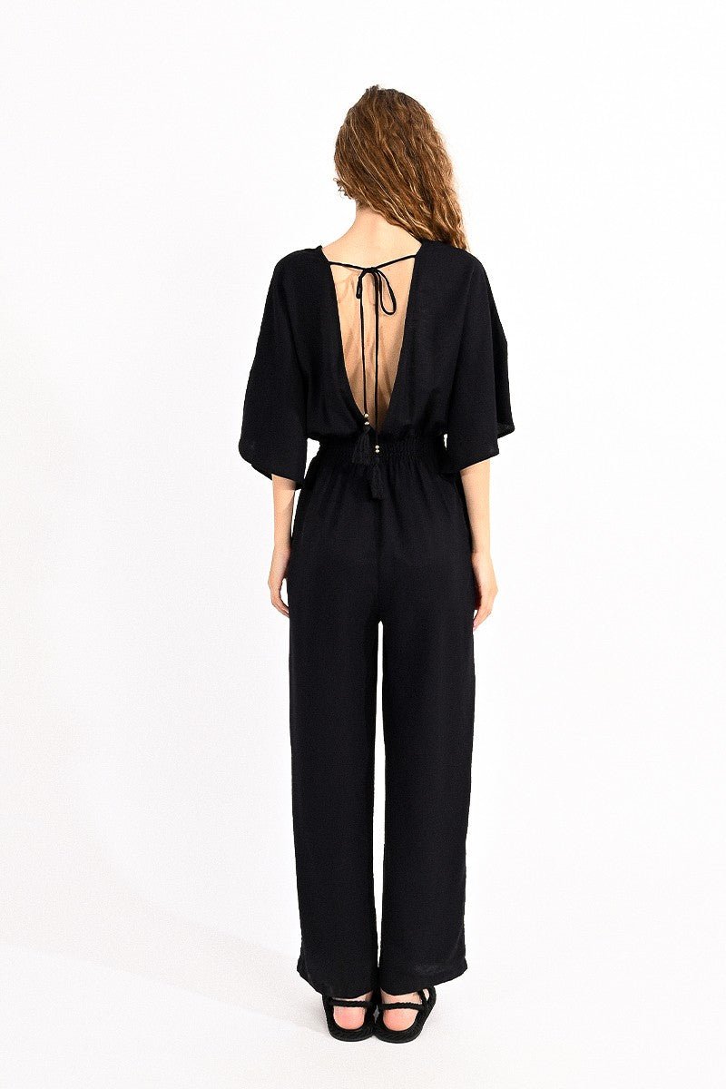 V-NECK JUMPSUIT FRONT AND BACK - BLACK - Molly Bracken E-Shop