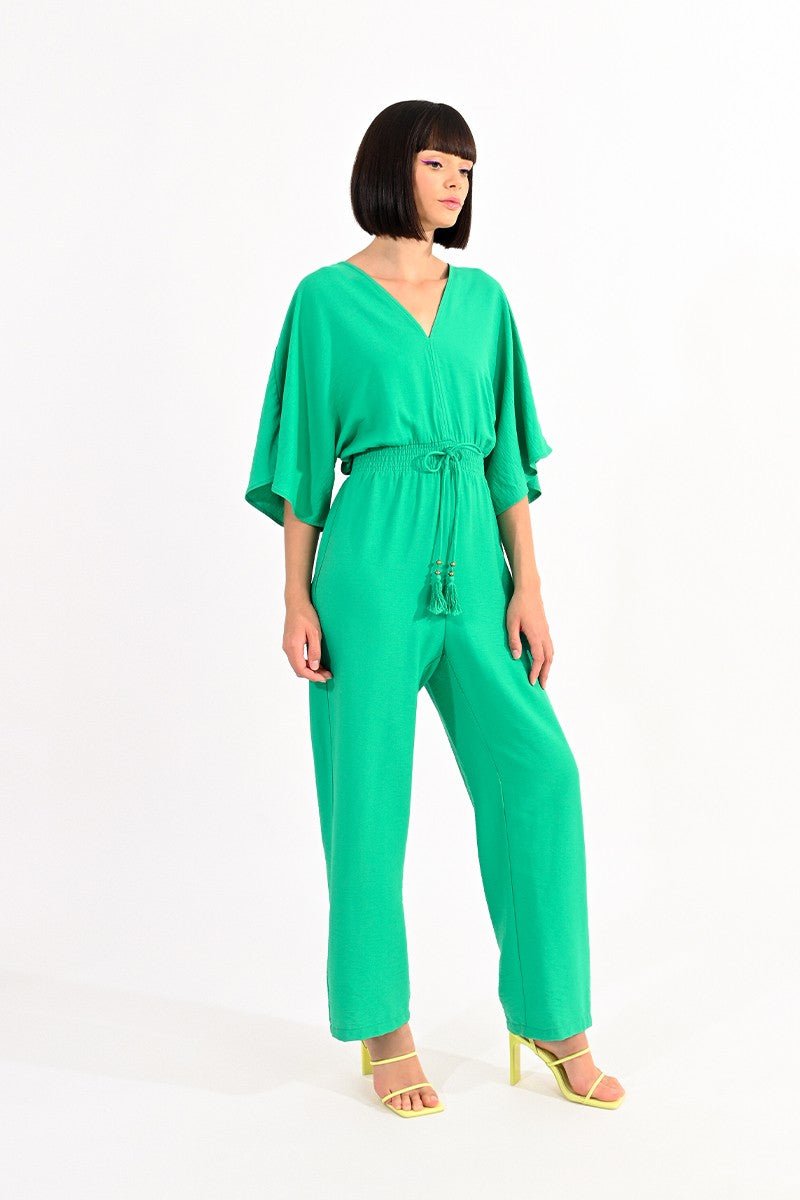 V-NECK JUMPSUIT FRONT AND BACK - GREEN - Molly Bracken E-Shop