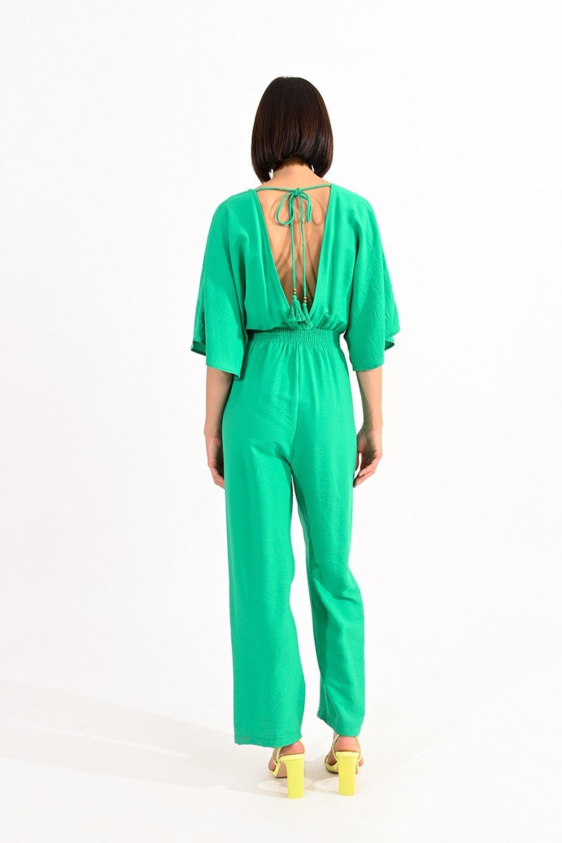 V-NECK JUMPSUIT FRONT AND BACK - GREEN - Molly Bracken E-Shop