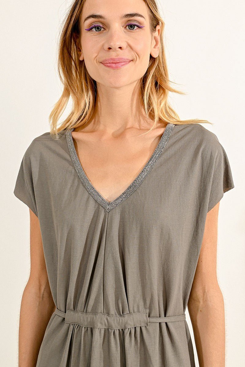 V-NECK MIDI DRESS - KHAKI - Molly Bracken E-Shop
