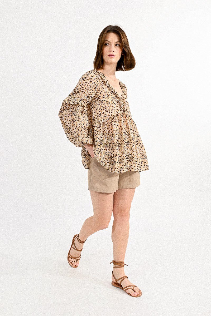 V-NECK PRINTED BLOUSE - BEIGE BRUNE - Molly Bracken E-Shop