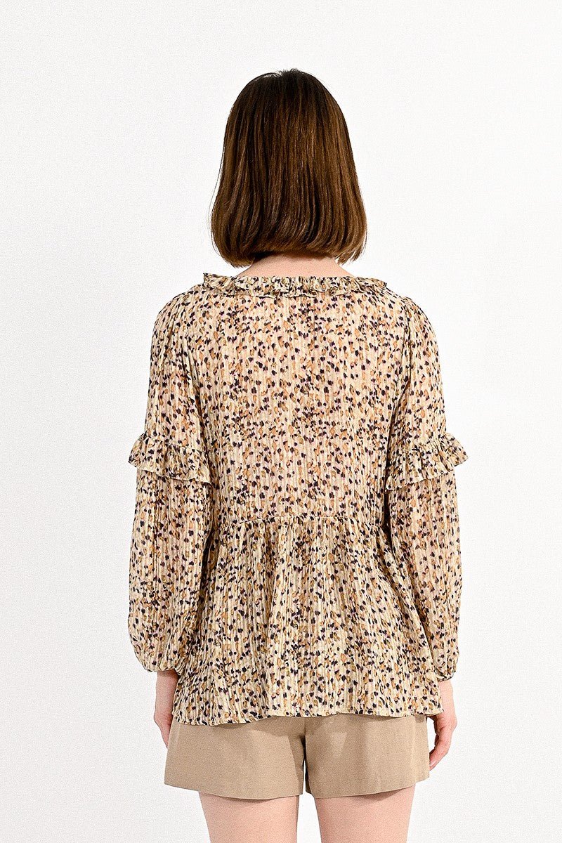 V-NECK PRINTED BLOUSE - BEIGE BRUNE - Molly Bracken E-Shop
