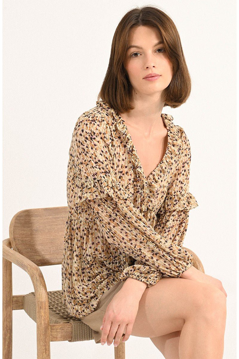 V-NECK PRINTED BLOUSE - BEIGE BRUNE - Molly Bracken E-Shop