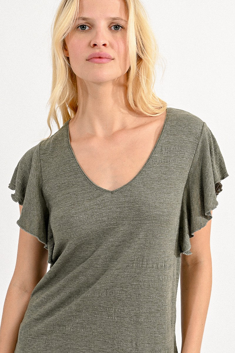 V-NECK SOFT TEE - KHAKI - Molly Bracken E-Shop
