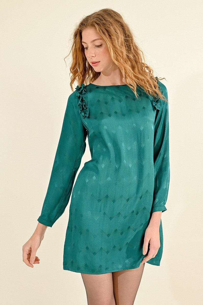 SATIN DRESS WITH RUFFLED SHOULDERS SATIN DRESS WITH RUFFLED SHOULDERS
