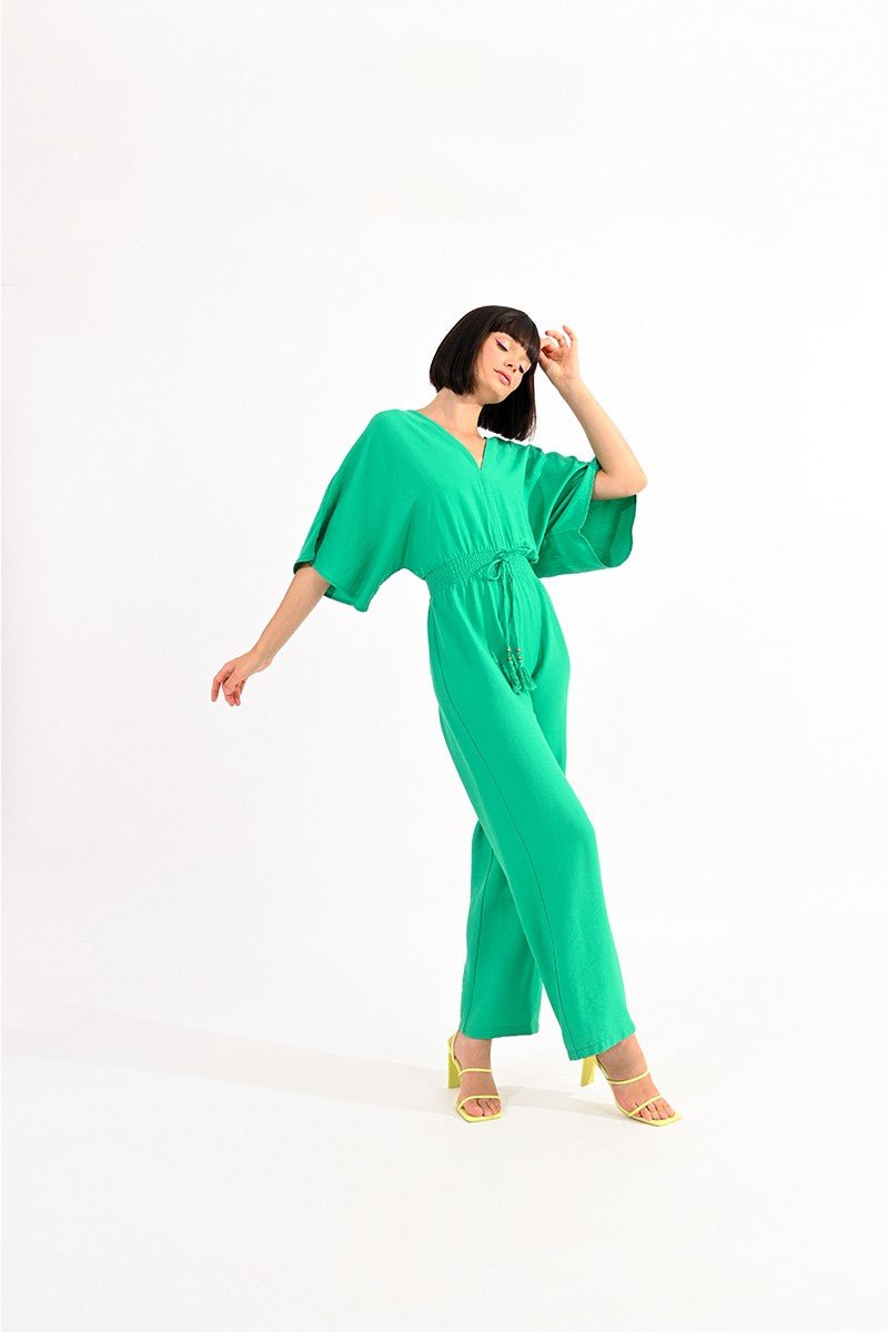 V-NECK JUMPSUIT FRONT AND BACK - GREEN - Molly Bracken E-Shop