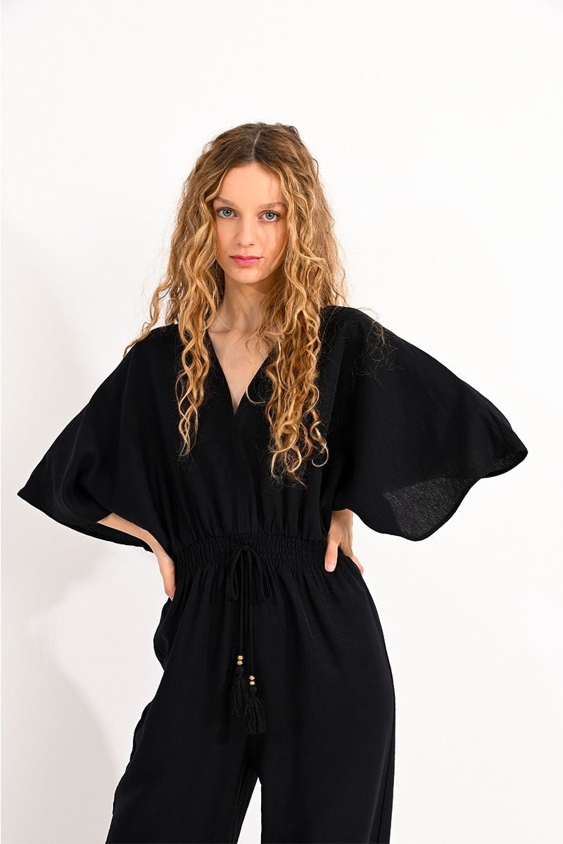 V-NECK JUMPSUIT FRONT AND BACK - BLACK - Molly Bracken E-Shop