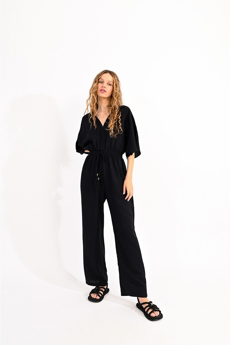 V-NECK JUMPSUIT FRONT AND BACK - BLACK - Molly Bracken E-Shop