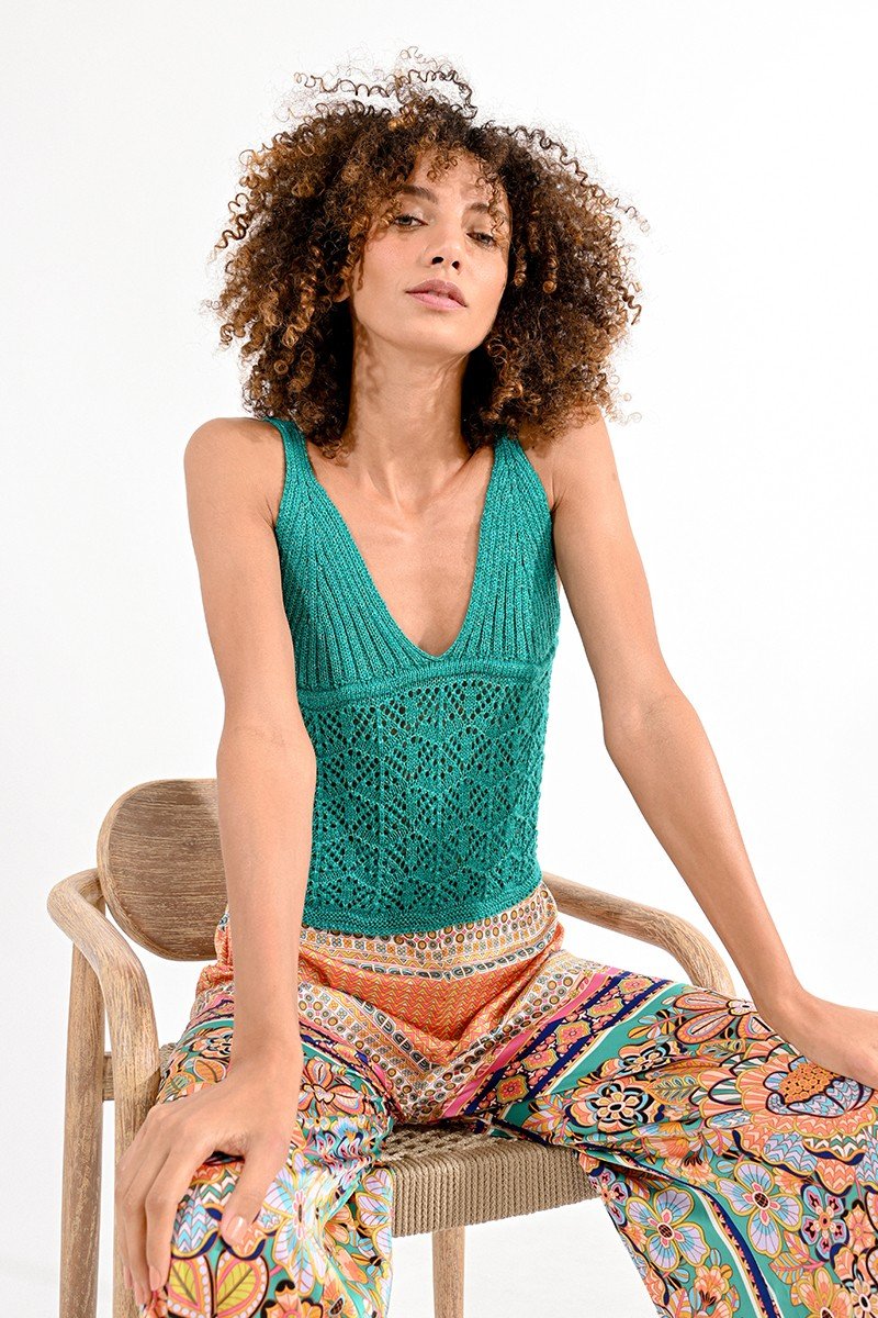 V-NECK POINTELLE TANK TOP - EMERALD GREEN - Molly Bracken E-Shop