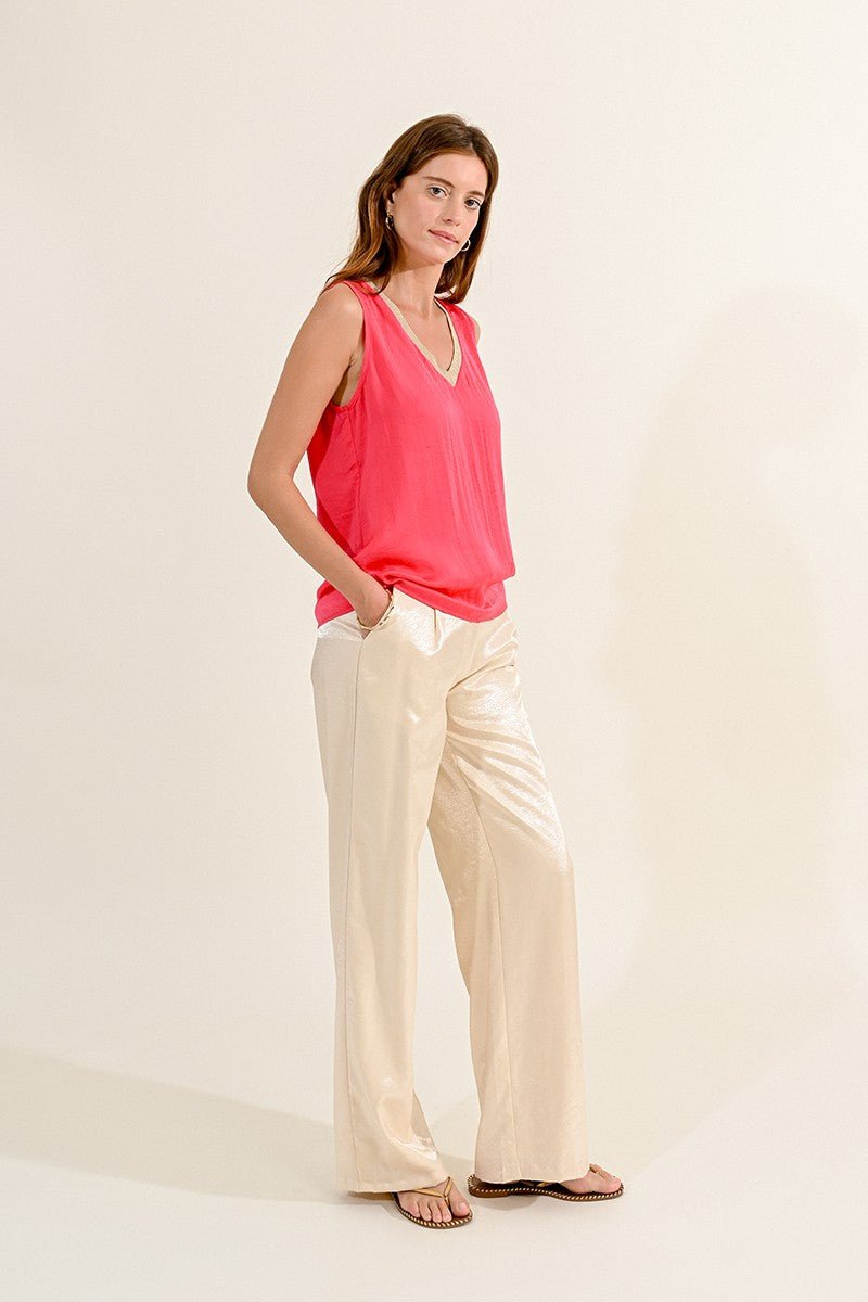 V-NECK SATIN TANK TOP - CORAL - Molly Bracken E-Shop