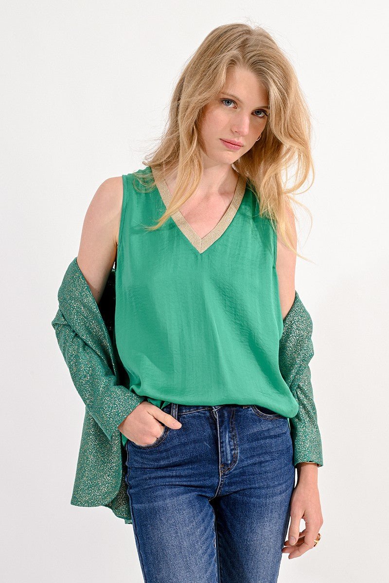 V-NECK SATIN TANK TOP - GREEN - Molly Bracken E-Shop