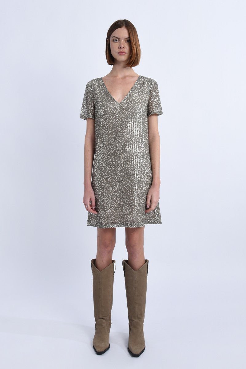 V-NECK SHORT DRESS - KHAKI - Molly Bracken E-Shop