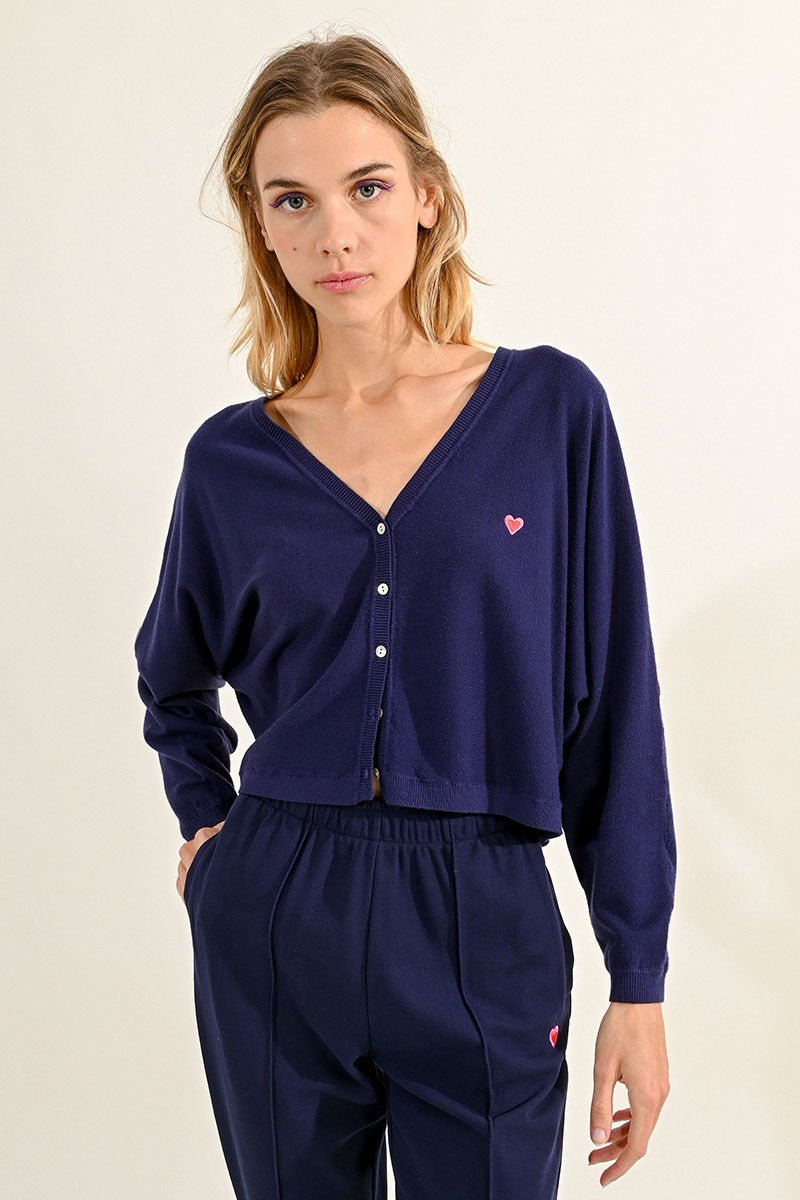 V-NECK SOFT KNIT CARDIGAN - NAVY BLUE - Molly Bracken E-Shop