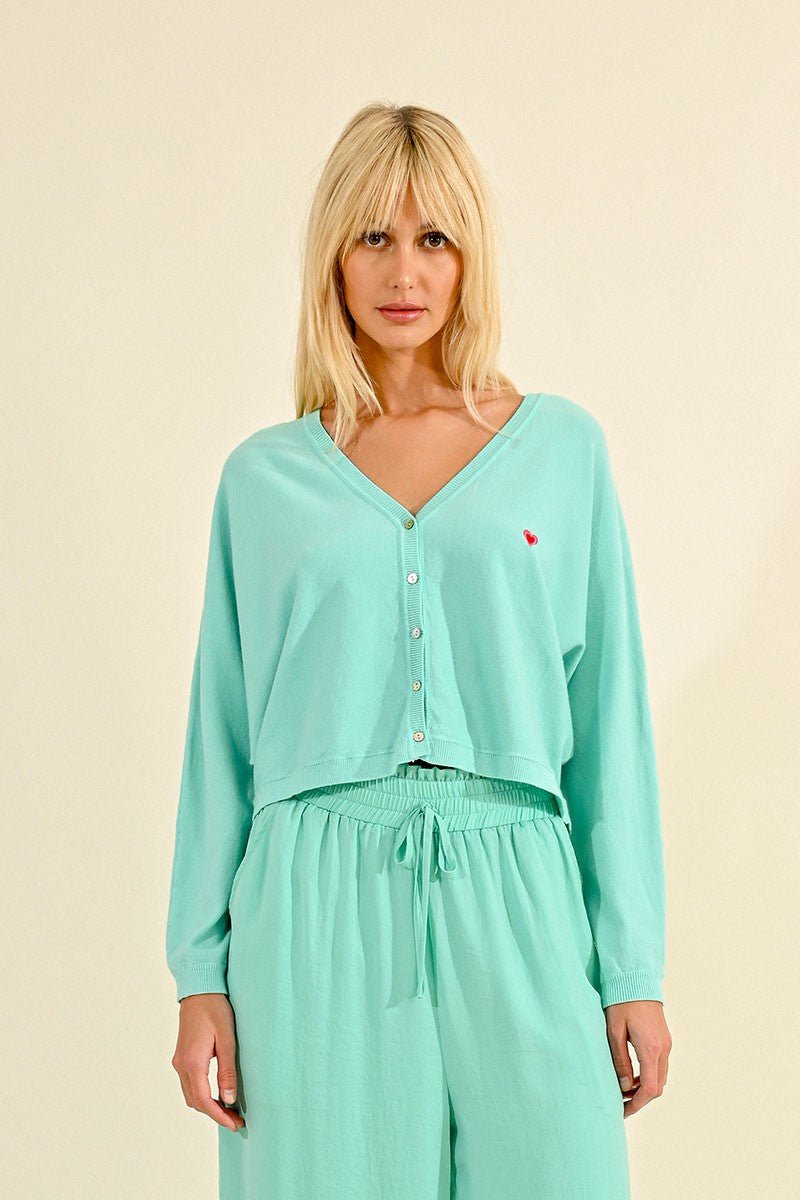 V-NECK SOFT KNIT CARDIGAN - AQUA BLUE - Molly Bracken E-Shop