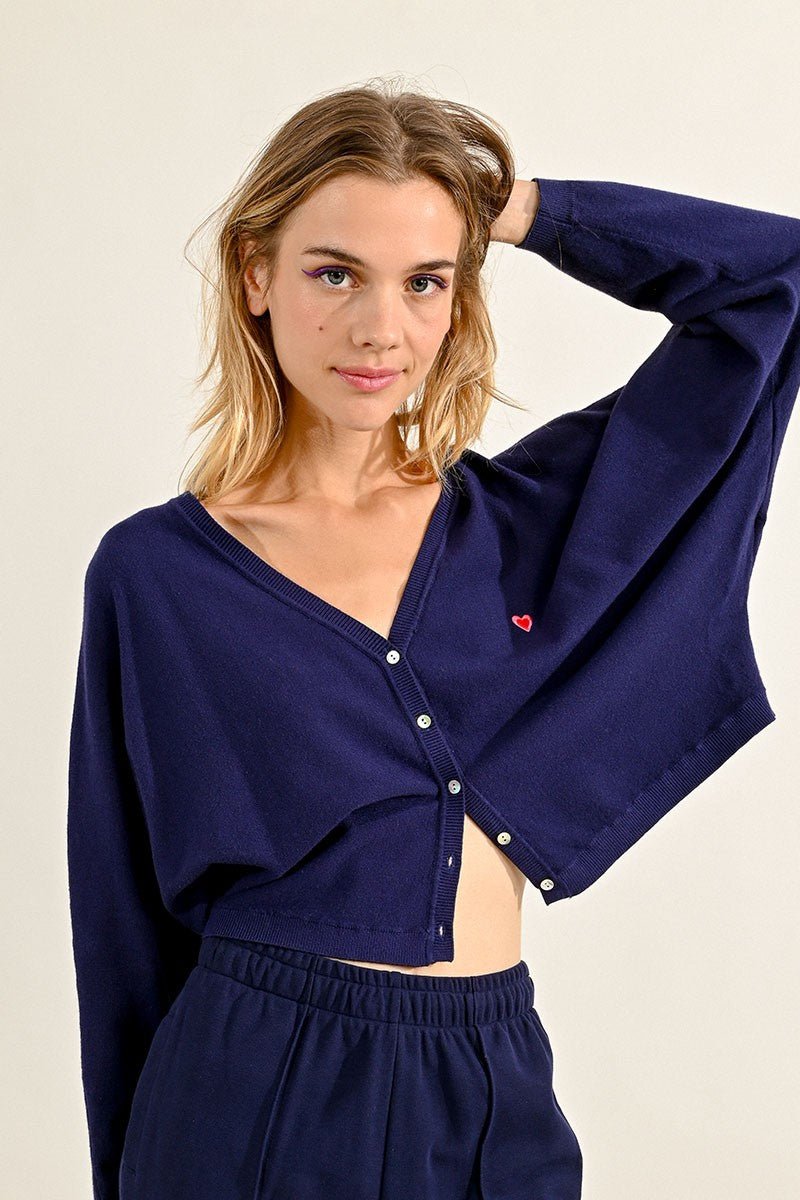 V-NECK SOFT KNIT CARDIGAN - NAVY BLUE - Molly Bracken E-Shop