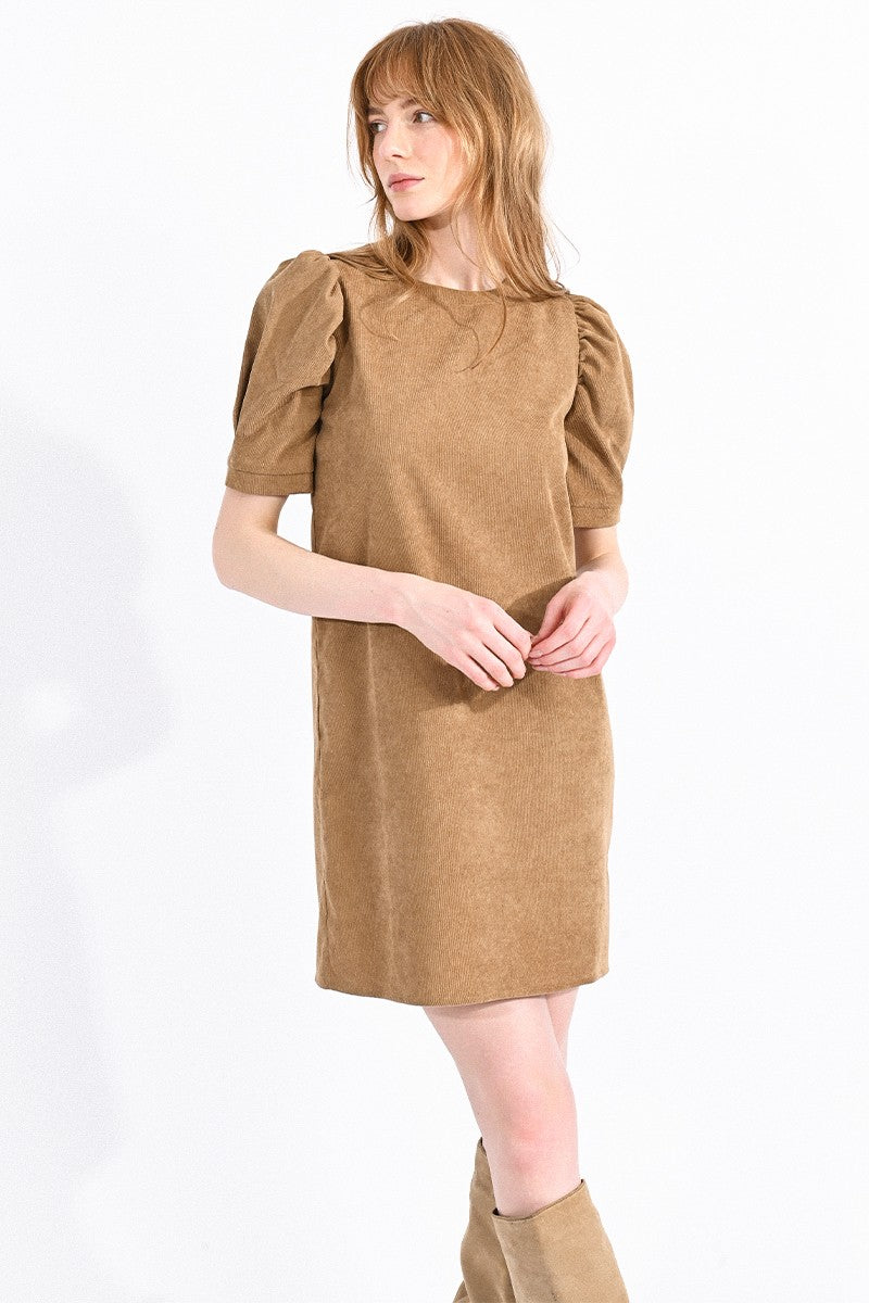 Molly Bracken - MINI Velvet Dress WITH PUFF Sleeves - BEIGE / S Molly Bracken - MINI Velvet Dress WITH PUFF Sleeves - BEIGE / S